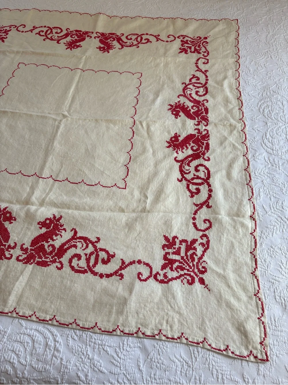 Vintage Red and Cream Embroidered Dining Tablecloth